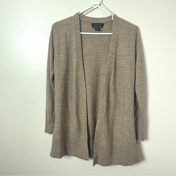 Tahari Sweater Cardigan Wool Blend Open front 3 Quarter sleeves Tan sz Medium - Picture 1 of 7